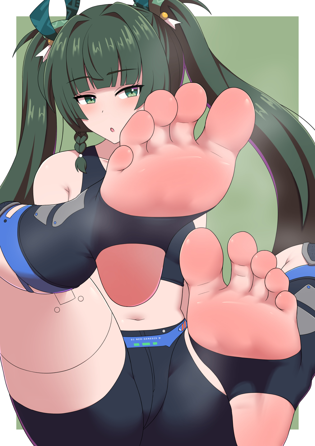 1girl :o bike_shorts black_shorts black_socks black_sports_bra border feet foot_focus green_background green_eyes green_hair hair_ornament highres jkisaradu long_hair open_mouth qingyi_(zenless_zone_zero) shorts smell socks soles solo sports_bra steam stirrup_legwear toeless_legwear toes twintails very_long_hair white_border zenless_zone_zero