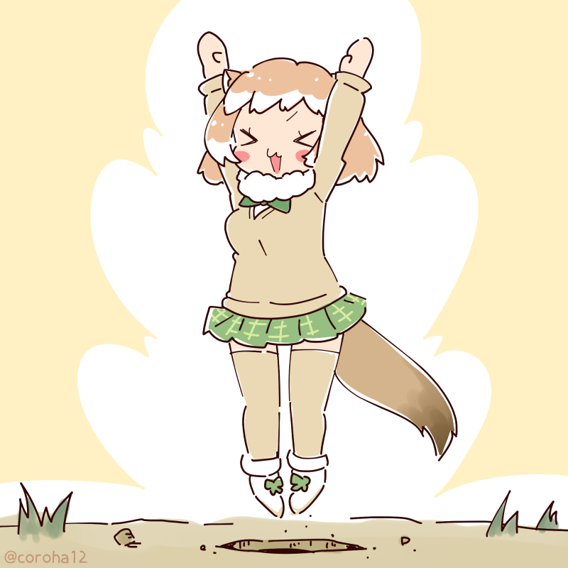 1girl animal_ears arms_up black-tailed_prairie_dog_(kemono_friends) bow bowtie brown_background brown_hair brown_sweater coroha extra_ears full_body jumping kemono_friends looking_at_viewer scarf shoes short_hair simple_background skirt solo sweater tail thighhighs