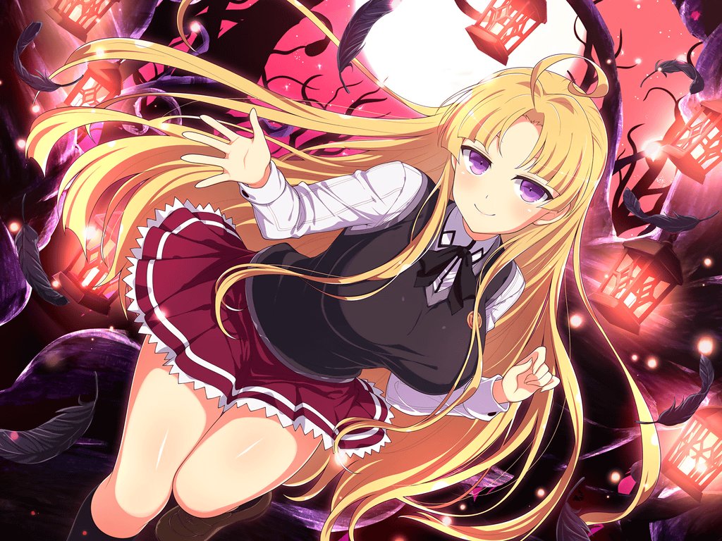 1girl ahoge ashiya_(senran_kagura) asia_argento asia_argento_(cosplay) bare_tree black_feathers black_ribbon black_socks black_sweater_vest black_vest blonde_hair blunt_bangs blunt_ends blush breasts closed_mouth collared_shirt cosplay crossover falling_feathers feathers full_moon half-closed_eyes high_school_dxd huge_ahoge kuoh_academy_school_uniform lantern large_breasts light_particles loafers long_hair looking_at_viewer miniskirt moon neck_ribbon official_alternate_costume official_art parted_bangs pleated_skirt purple_eyes red_sky ribbon school_uniform senran_kagura senran_kagura_new_link senran_kagura_new_wave shiny_skin shirt shoes skirt sky smile socks solo sweater_vest tree very_long_hair vest white_shirt yaegashi_nan