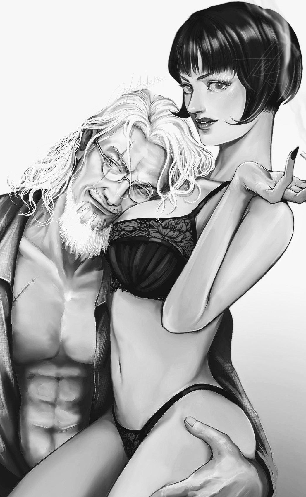 1boy 1girl abs beard black_hair bob_cut bra cigarette collared_shirt commentary facial_hair glasses gradient_background greyscale head_on_chest highres holding holding_cigarette la_la_la_la looking_at_viewer looking_to_the_side medium_hair monochrome on_lap one_piece open_clothes open_shirt panties scar scar_across_eye scar_on_face shakuyaku_(one_piece) shirt silvers_rayleigh smile smoke underwear v-shaped_eyebrows white_hair