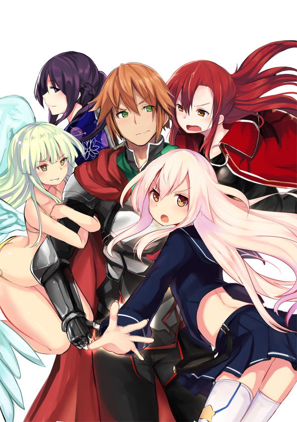 1boy 4girls bikini black_hair brown_eyes brown_hair green_eyes green_hair hero_and_daughter holy_(hero_and_daughter) lara_(hero_and_daughter) long_hair multiple_girls official_art pink_hair ralph_(hero_and_daughter) red_hair school_uniform serafuku strega_(hero_and_daughter) swimsuit wagokoro_(hero_and_daughter) white_background wings yellow_eyes yoshizawa_tsubaki