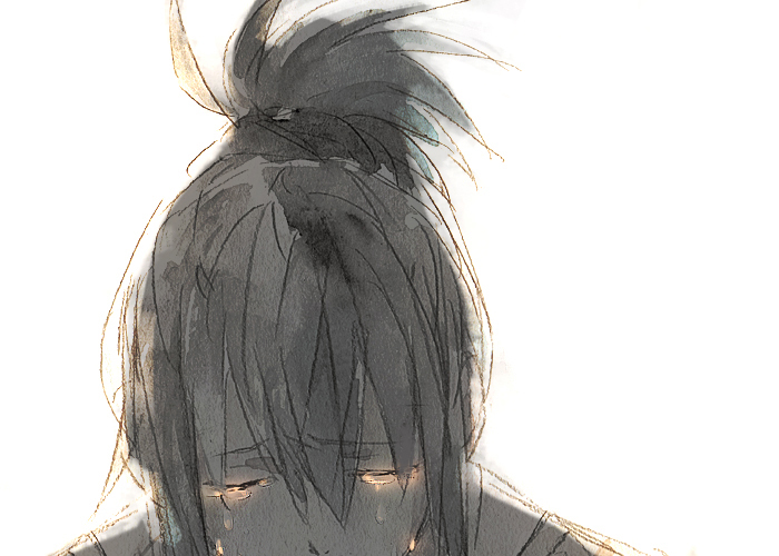 1boy closed_eyes collared_shirt commentary_request crying gomas greyscale hair_between_eyes hair_ornament hair_scrunchie male_focus monochrome nezumi_(no.6) no.6 ponytail portrait sad scrunchie shirt short_hair short_ponytail simple_background solo tears white_background