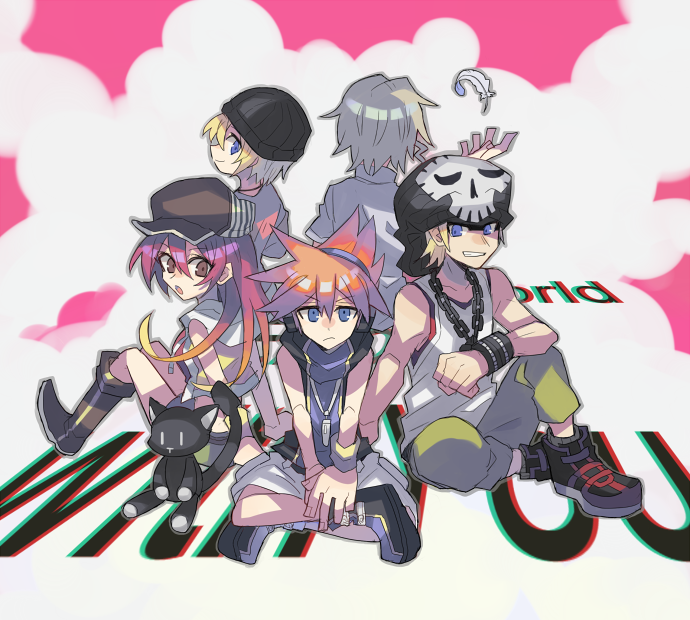 2girls 3boys beanie beret bito_daisukenojo bito_raimu blonde_hair blue_eyes boots brown_eyes circle_formation commentary copyright_name crossed_legs digital_media_player digital_walkman feathers frown grey_hair hat headphones hood hoodie jewelry kiryu_yoshiya knee_boots long_hair misaki_shiki multiple_boys multiple_girls necklace nyantan ozma16 pink_hair sakuraba_neku short_hair sitting skull_print sleeveless sleeveless_hoodie stuffed_animal stuffed_toy subarashiki_kono_sekai