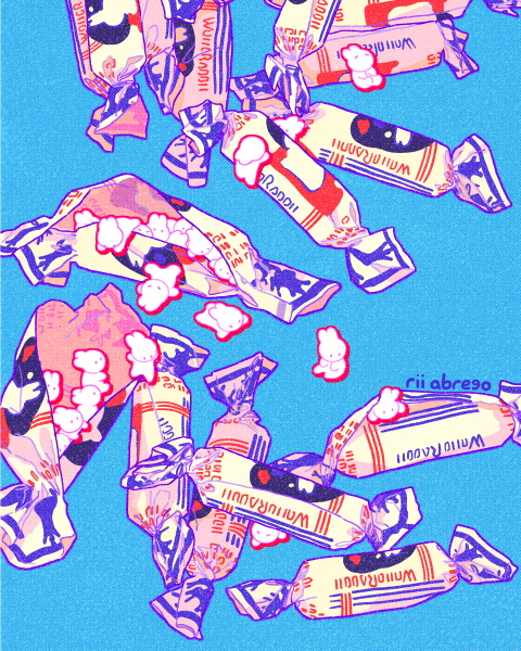animal blue_background candy candy_wrapper color_variation commentary cropped downscaled english_commentary film_grain food lying minimized no_humans no_mouth original outline paid_reward_available pile pink_eyes purple_outline rabbit red_outline resized rii_abrego signature simple_background sitting solid_eyes sweets upside-down white_fur white_rabbit_(animal) wrapped_candy