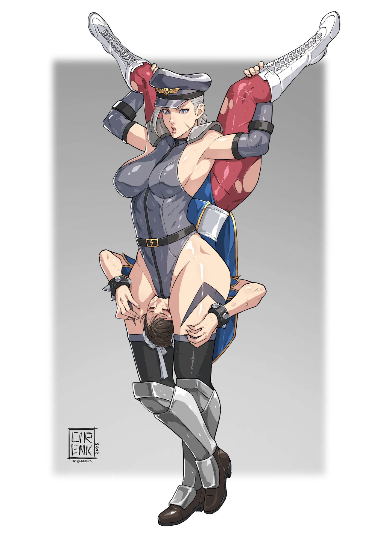 2girls asphyxiation between_thighs bracelet breasts brown_hair bun_cover cammy_white capcom china_dress chinese_clothes choke_hold chun-li cirenk double_bun dress earrings face_in_crotch femdom hair_bun hands_on_another's_thighs head_between_thighs highres jewelry large_breasts multiple_girls pantyhose pelvic_curtain sash scissorhold short_hair smother spiked_bracelet spikes strangling street_fighter thick_thighs thighs triangle_choke unitard yuri