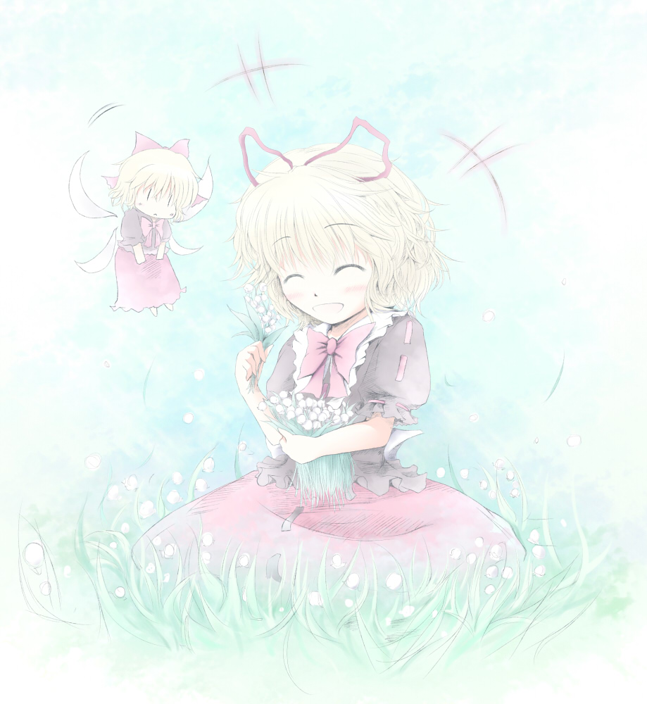 1girl :&lt; blonde_hair bow doll dress female_focus flower hair_bow hair_ribbon lily_of_the_valley medicine_melancholy open_mouth ribbon romi short_hair sitting smile solo su-san touhou wings |_|