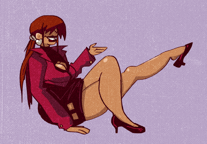 1girl breasts cleavage cleavage_cutout clothing_cutout crossed_legs curvy dress earrings female_focus heart heel_up huge_breasts jacket jewelry large_breasts long_hair long_sleeves mansta8 red_hair shermie_(kof) shoes sitting skirt smile tan the_king_of_fighters thick_lips thick_thighs thighs twintails wide_hips