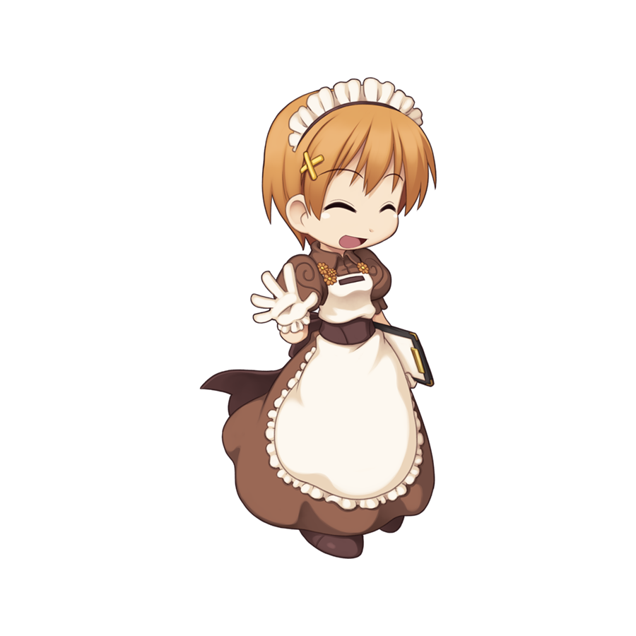 :d apron brown_dress brown_flower brown_sash chibi chibi_only clipboard closed_eyes collared_dress dress flower frilled_apron frills full_body gloves hair_ornament holding holding_clipboard kafra_uniform light_brown_hair maid maid_headdress official_art open_mouth puffy_short_sleeves puffy_sleeves ragnarok_online roxie_(ragnarok_online) short_hair short_sleeves simple_background smile solo transparent_background waving white_apron white_gloves x_hair_ornament yuichirou