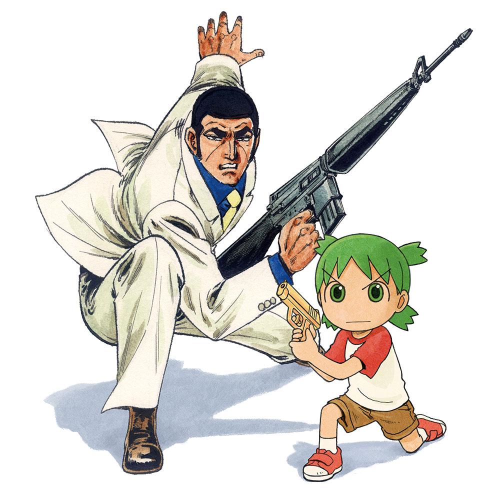 1boy 1girl arm_up artist_collaboration assault_rifle azuma_kiyohiko crossover duke_tougou finger_on_trigger formal_clothes golgo_13 green_eyes green_hair gun kneeling koiwai_yotsuba m16 m16a1 manly necktie official_art outstretched_arm quad_tails rifle saitou_takao simple_background suit traditional_media water_gun weapon white_background white_suit yotsubato!