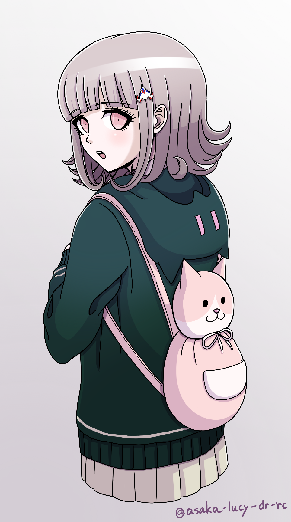 1girl :o animal_bag asaka_lucy cat_bag danganronpa_(series) danganronpa_2:_goodbye_despair flipped_hair galaga gradient_background grey_background highres hood hood_down long_sleeves looking_back medium_hair miniskirt nanami_chiaki pink_bag pink_eyes pleated_skirt simple_background skirt spaceship_hair_ornament