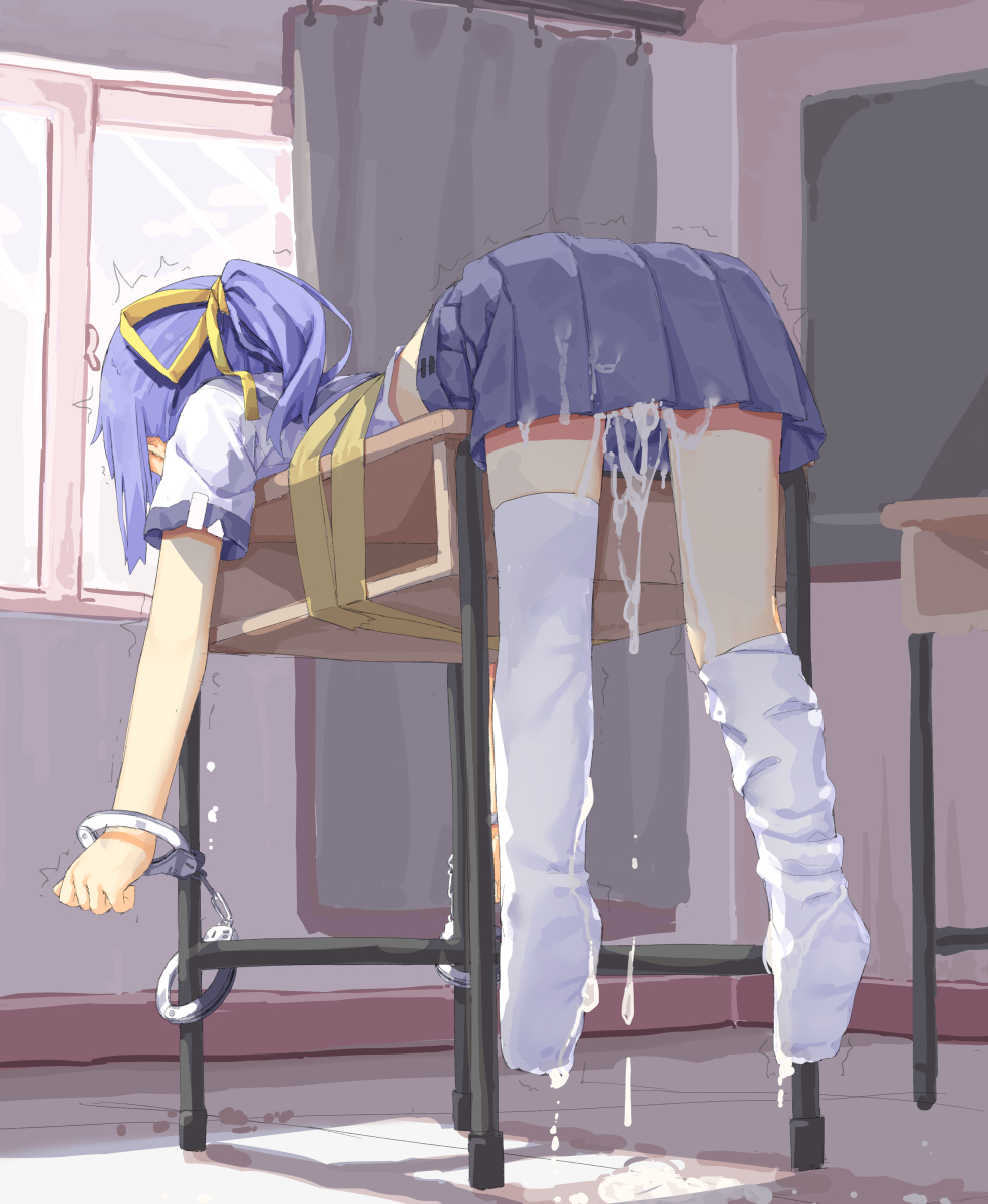 1girl after_rape after_vaginal aftersex bad_id bad_twitter_id bdsm blue_hair blue_skirt bondage bound bound_arms bound_wrists chalkboard classroom clenched_hands cuffs cum cum_in_pussy cum_on_body cum_on_clothes cum_on_lower_body cum_pool cum_string cumdrip curtains desk face_down female_focus from_behind full_body hair_ornament hair_ribbon handcuffs hanging_legs hassai highres indoors loli loose_thighhigh lying no_shoes on_desk on_stomach original pleated_skirt ponytail rape restrained ribbon school_desk school_uniform shirt short_hair short_sleeves sitting skirt solo tape tape_bondage thighhighs trembling white_shirt white_thighhighs window yellow_ribbon