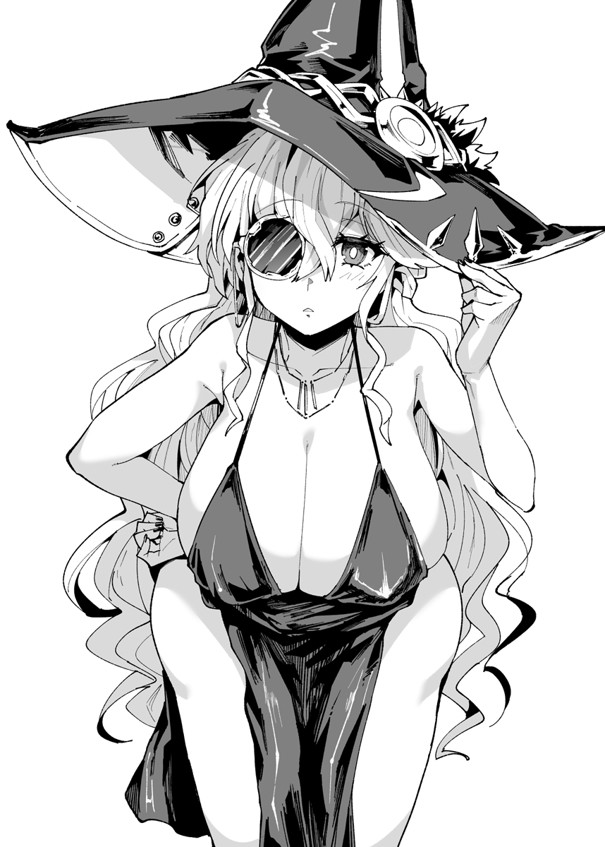 1girl alternate_breast_size alternate_costume armpit_crease bare_shoulders breasts cleavage collarbone diabellstar_the_black_witch dress duel_monster edobox hair_between_eyes hanging_breasts hat highres huge_breasts jewelry leaning_forward long_hair monochrome monocle necklace official_alternate_hairstyle revealing_clothes simple_background very_long_hair white_background witch_hat yu-gi-oh!