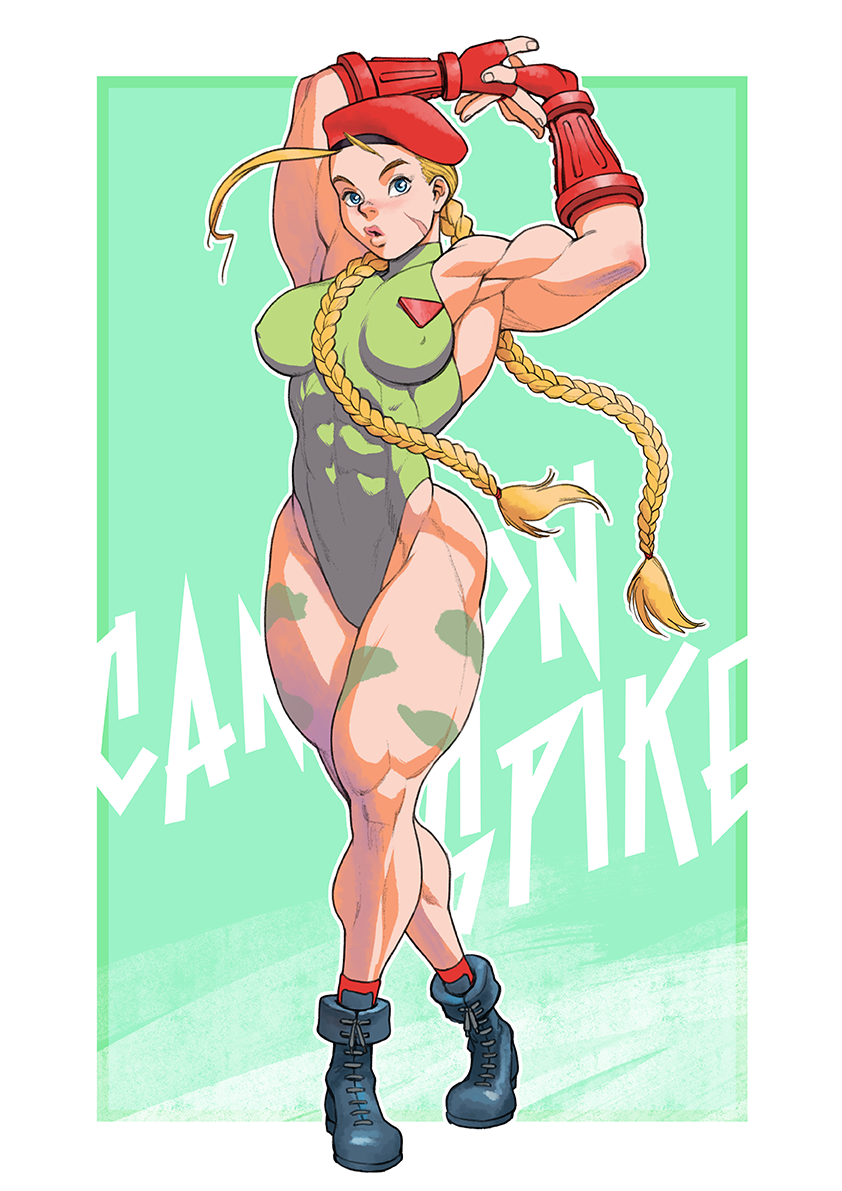 1girl abs armpits arms_up beret biceps blonde_hair blue_boots blue_eyes bodypaint boots braid breasts cammy_white covered_erect_nipples facial_scar full_body gloves green_background green_leotard hat highleg highleg_leotard leotard looking_at_viewer medium_breasts muscular muscular_female open_mouth pokkuti red_gloves red_hat scar scar_on_cheek scar_on_face simple_background solo standing street_fighter stretching twin_braids