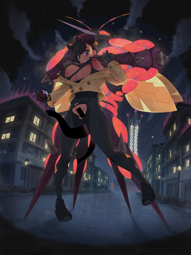 1girl aged_up alternate_breast_size_(larger) bar_censor black_bodysuit black_hair blue_eyes bodysuit bodysuit_under_clothes breasts brown_jacket building buzzwole censored city clenched_teeth cloud cloudy_sky commentary curvy dark-skinned_female dark_skin emma_(pokemon) forced full_body gen_7_pokemon gloves grabbing_own_breast hair_ornament holding holding_poke_ball imminent_penetration interspecies jacket large_breasts lumiose_city making-of_available night nintendo nipples outdoors paid_reward_available poke_ball poke_ball_(basic) pokemon pokemon_(creature) pokemon_legends:_z-a pokephilia prism_tower pussy restrained shadow shiny_clothes shiny_skin short_hair sidelocks sky standing sweat swept_bangs teeth tentacles tianzhong_zhongtian torn_bodysuit torn_clothes trapped ultra_beast wide_hips