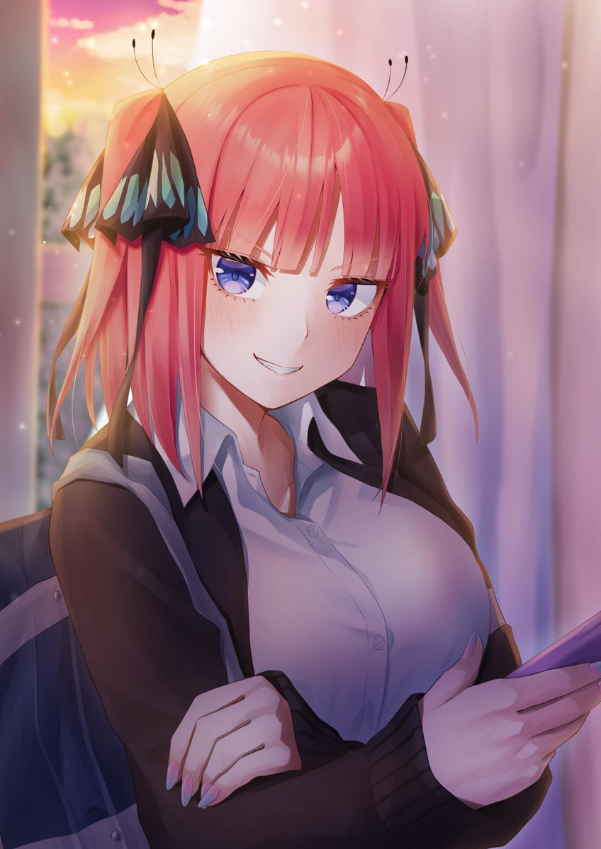 1girl aboreen bag black_cardigan black_ribbon blue_eyes blunt_bangs blush breasts butterfly_hair_ornament cardigan cellphone collared_shirt commentary curtains go-toubun_no_hanayome grin hair_ornament hair_ribbon holding holding_phone indoors large_breasts long_sleeves looking_at_viewer multicolored_nails nail_polish nakano_nino open_cardigan open_clothes phone pink_hair ribbon school_bag shirt short_hair sidelocks smartphone smile solo standing teeth twilight two_side_up upper_body white_shirt window