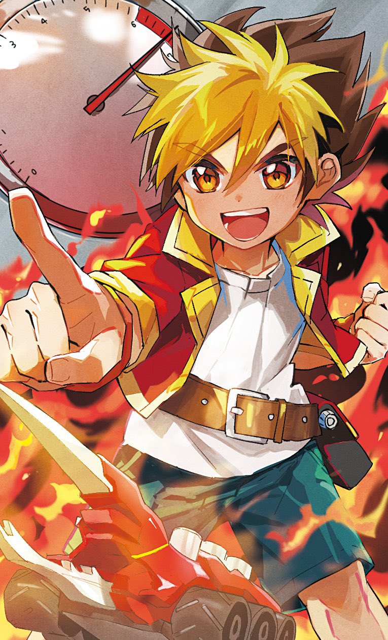 aqua_shorts belt belt_buckle black_hair blonde_hair brown_belt buckle child collared_jacket commentary_request fire hair_between_eyes hercules_beetle highres jacket jinzou_konchuu_kabutoborg_vxv kuroda_(kuro_yyy) multicolored_hair open_clothes open_jacket open_mouth pointing red_jacket ryuusei_amanogawa shirt shorts smile standing tachometer tomcat_red_beetle_(kabutoborg) toy toy_car two-tone_hair white_shirt yellow_eyes