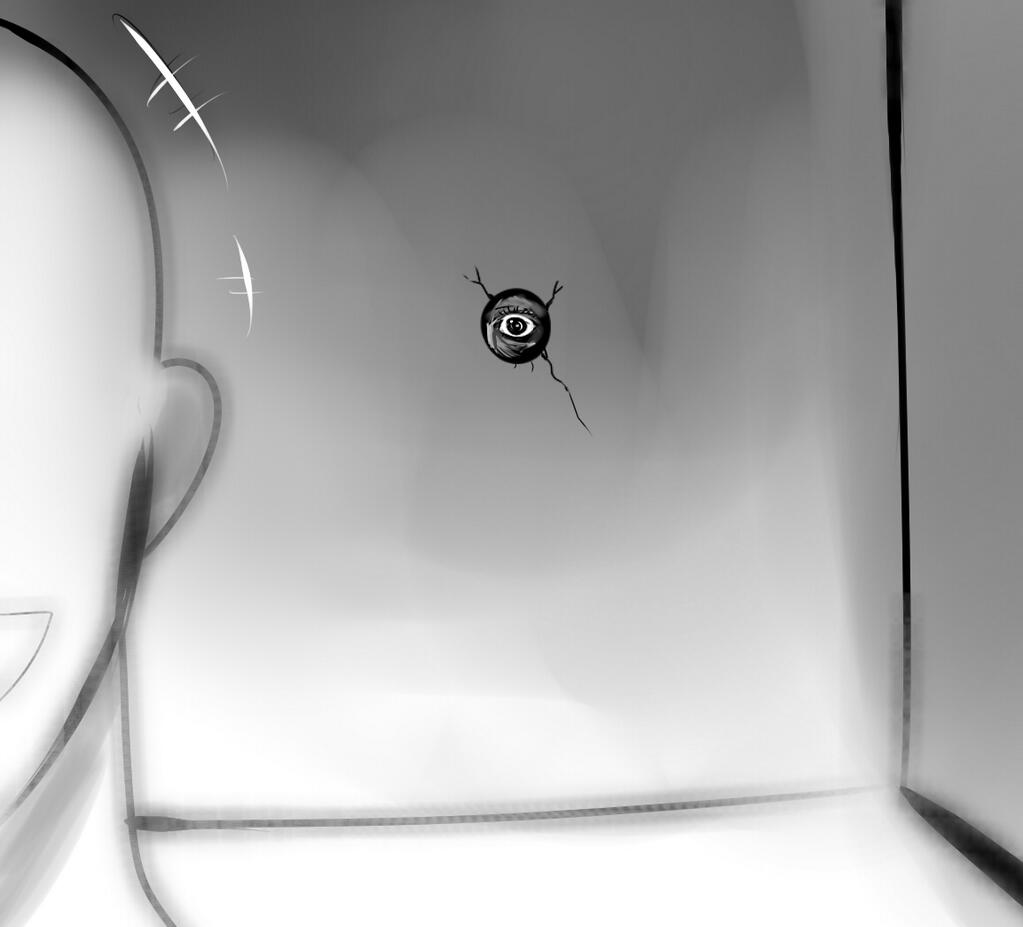 creepy faceless han_(jackpot) hole hole_in_wall md5_mismatch monochrome original peeking resized satire twitter voyeurism wall