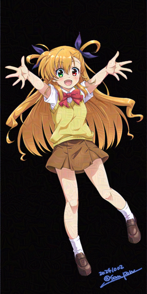 1girl arms_up blush breasts brown_hair commentary_request dark_background dated full_body hair_ornament heterochromia looking_at_viewer lyrical_nanoha san-pon school_uniform simple_background small_breasts solo twitter_username vivid_strike! vivio