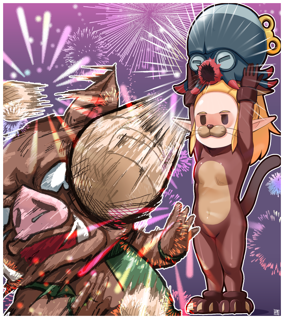 1boy 1girl 1other animal_costume animal_hands blonde_hair bodysuit cat_clothes_(zelda) cat_costume fake_whiskers fireworks gloves hair_pulled_back lifting_animal moblin nintendo octorok official_alternate_costume paw_gloves paw_shoes pig_snout pointy_ears ponytail princess_zelda snout taru_neko tears the_legend_of_zelda the_legend_of_zelda:_echoes_of_wisdom tusks whiskers