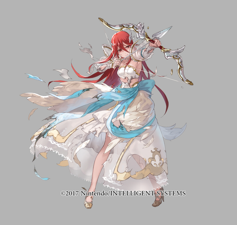 1girl armpits arrow_(projectile) bow_(weapon) breasts bridal_gauntlets broken broken_weapon collarbone copyright_notice cordelia_(fire_emblem) cordelia_(perfect_bride)_(fire_emblem) dress fire_emblem fire_emblem_awakening fire_emblem_heroes full_body grey_background hair_ornament high_heels holding holding_bow_(weapon) holding_weapon jewelry long_hair mayo_(becky2006) medium_breasts necklace nintendo official_art pearl_necklace red_eyes red_hair serious solo torn_clothes weapon wedding_dress white_dress