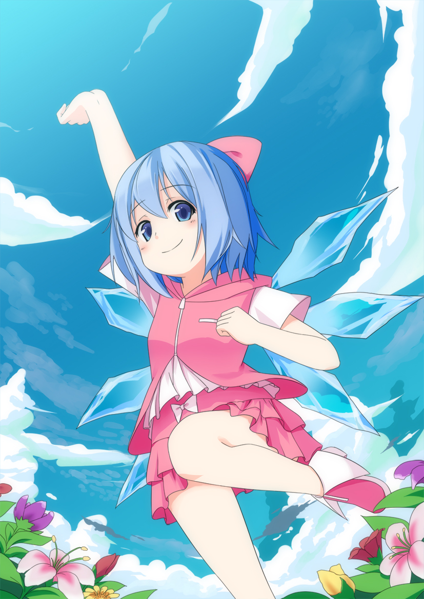 1girl alternate_costume blue_eyes blue_hair blush bow cirno dinyc female_focus flower hair_bow hood hoodie matching_hair/eyes short_hair skirt smile solo touhou wings