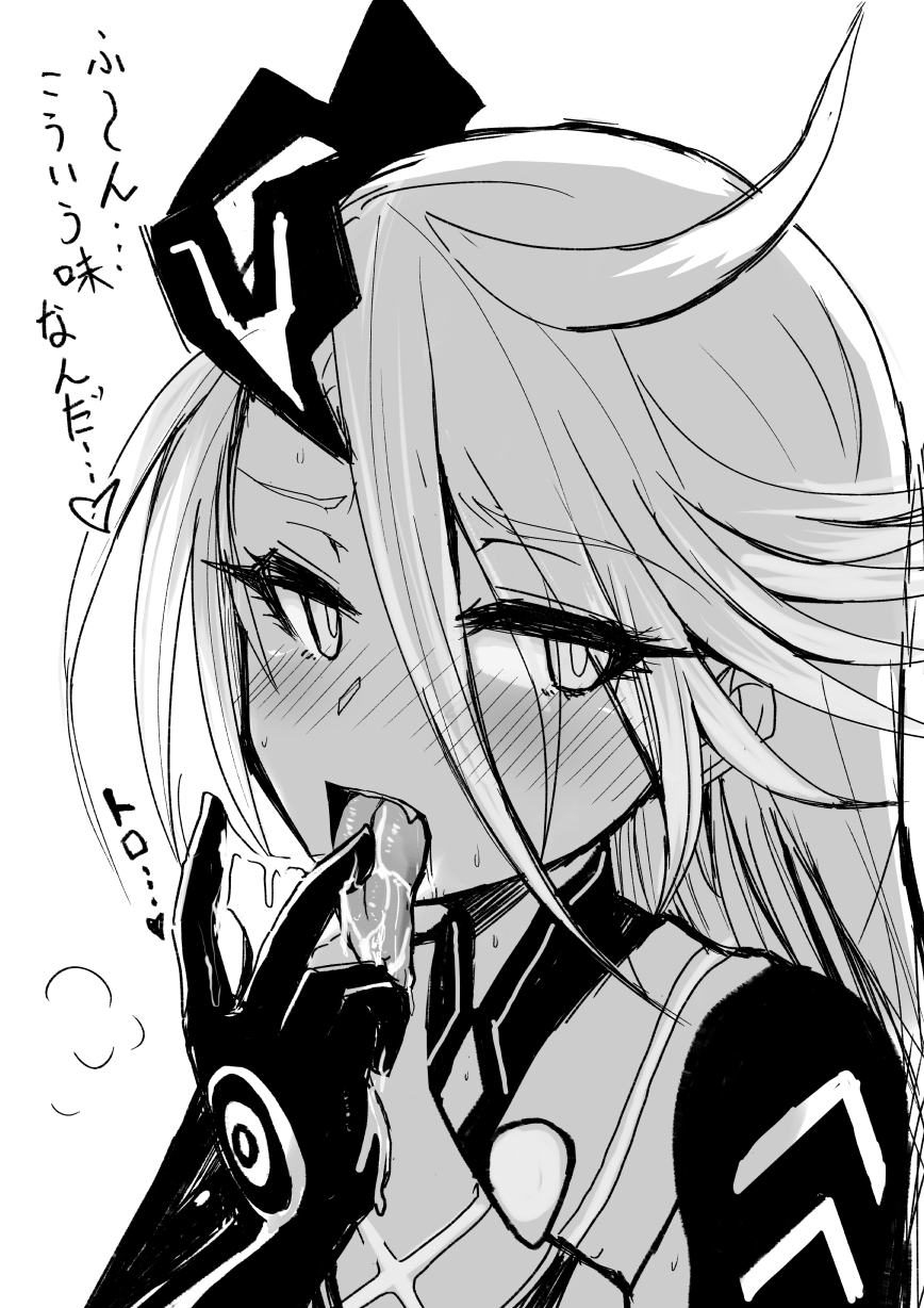 1girl bazooka_cat blush fang gloves highres long_tongue monochrome saliva saliva_trail tagme tongue tongue_out