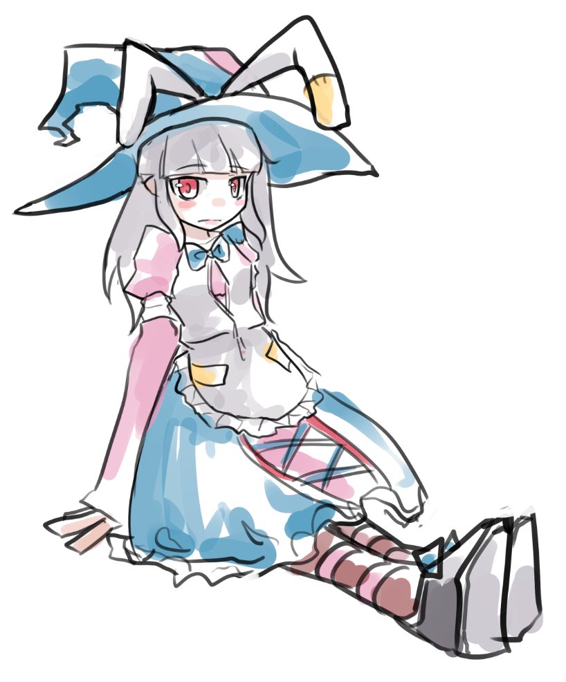 1girl animal_ears blush_stickers bow dress female_focus frown grey_hair hat irisu_kyouko irisu_shoukougun! long_hair looking_at_viewer pantyhose pink_eyes rabbit_ears ray-k simple_background sitting sketch solo striped_clothes striped_legwear striped_pantyhose white_background witch_hat