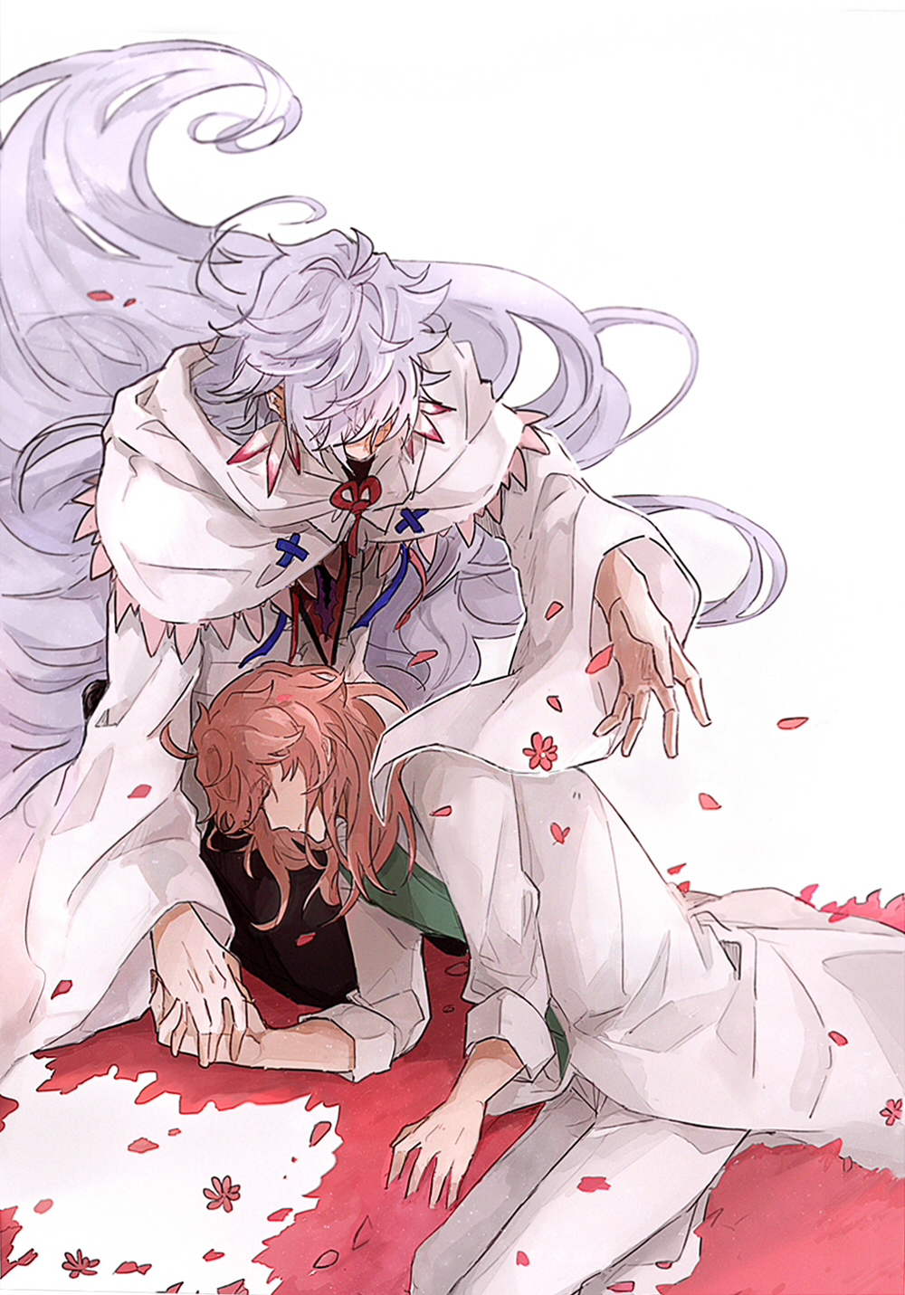 2boys coat earrings falling_petals fate/grand_order fate_(series) flower flower_earrings frilled_shirt frills hair_down highres holding_hands hood hood_down hooded_robe jewelry long_hair long_sleeves looking_at_another looking_down lying male_focus merlin_(fate) multiple_boys orange_hair pants petals purple_hair red_flower robe romani_archaman ruoyin shirt simple_background very_long_hair white_background white_coat white_pants white_robe white_shirt wide_sleeves