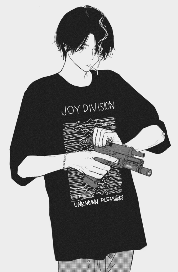 1boy band_shirt cocking_gun flashlight glock greyscale gun handgun hirota_tsuu holding holding_gun holding_weapon joy_division_(band) male_focus merchandise monochrome mouth_hold pants simple_background smoke smoking solo standing weapon white_background