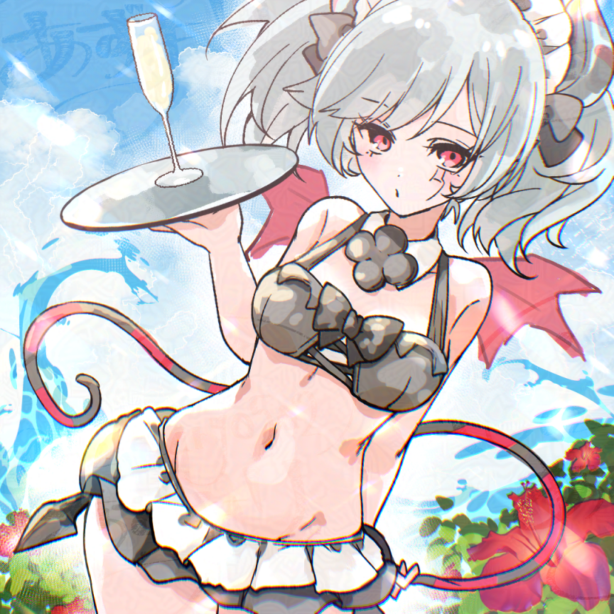 1girl arianne_the_labrynth_servant az_(colorb05) bare_shoulders bikini bikini_skirt black_bikini black_tail breasts cowboy_shot cup demon_girl demon_horns demon_tail demon_wings drinking_glass duel_monster frilled_bikini frills grey_hair holding holding_tray horns long_hair medium_breasts multicolored_hair navel outdoors pink_eyes pink_tail pink_wings solo striped_tail swimsuit tail tray twintails two-tone_hair wine_glass wings yu-gi-oh!