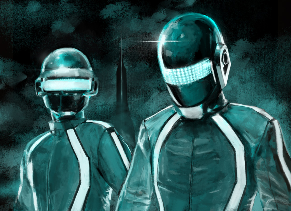 2boys bad_id bad_pixiv_id daft_punk guy_manuel_de_homem-christo helmet jacket male_focus monochrome multiple_boys outdoors sky stdl thomas_bangalter tron tron:_legacy tron_legacy upper_body visor