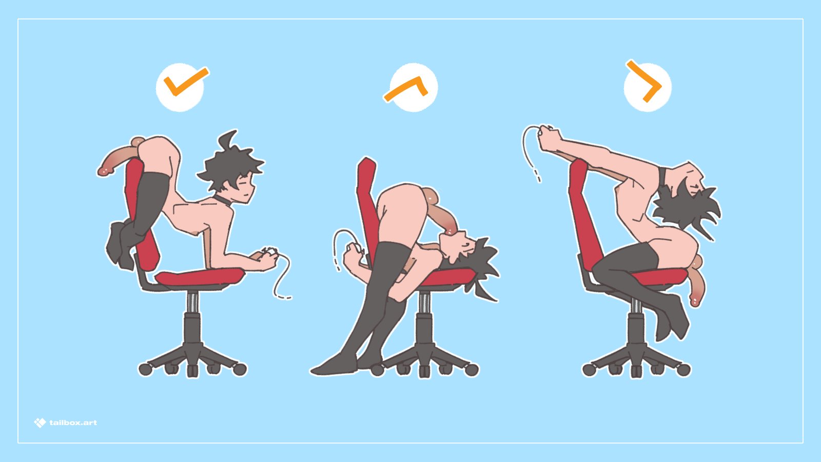 1boy ahoge arched_back ass autofellatio bent_over_backwards black_hair black_thighhighs chair controller erection fellatio flexible game_controller highres holding holding_controller holding_game_controller male_focus male_masturbation masturbation office_chair oral penis solo swivel_chair tailbox thighhighs trap