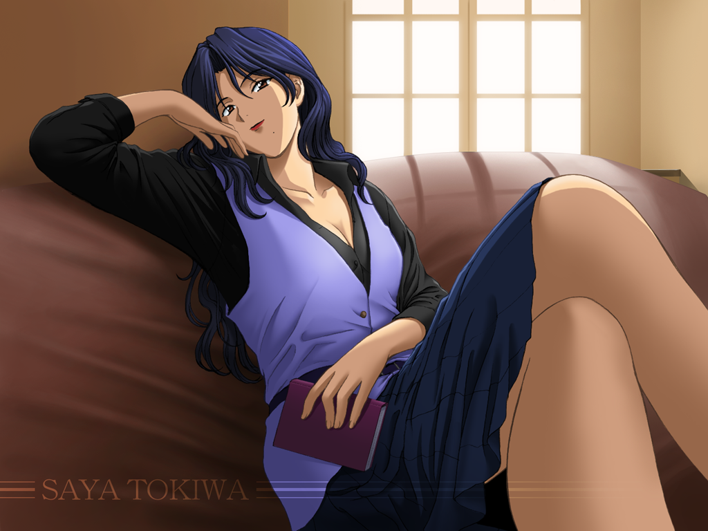 1girl artist_request belt black_belt black_collar black_shirt black_sleeves blue_hair blue_skirt blue_vest book breasts brown_eyes buttons character_name cleavage closed_mouth collar collarbone collared_shirt crossed_legs dress_shirt english_text fingernails gold_buttons hair_intakes hand_on_own_cheek hand_on_own_face head_rest holding holding_book kuon_no_kizuna lips lipstick long_hair looking_at_viewer makeup medium_breasts non-web_source official_art official_wallpaper pleated_skirt red_lips shirt simple_background skirt three-quarter_sleeves solo sunlight tokiwa_saya vest wavy_hair window wing_collar