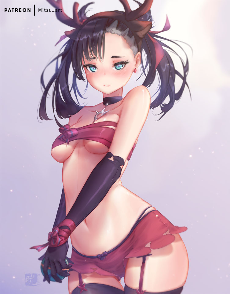 1girl antlers aqua_eyes asymmetrical_bangs asymmetrical_hair bad_id bad_pixiv_id bare_shoulders black_gloves black_hair black_thighhighs blush breasts character_name choker collarbone commentary_request cosplay dusk_ball earrings elbow_gloves fur_trim gen_5_pokemon gloves hair_ornament hair_ribbon holding holding_poke_ball horns jewelry looking_at_viewer marnie_(pokemon) medium_breasts mitsu_(mitsu_art) navel nintendo open_clothes panties poke_ball pokemon pokemon_swsh red_panties red_ribbon ribbon sarashi sawsbuck sawsbuck_(cosplay) sawsbuck_(winter) simple_background thighhighs twintails underwear