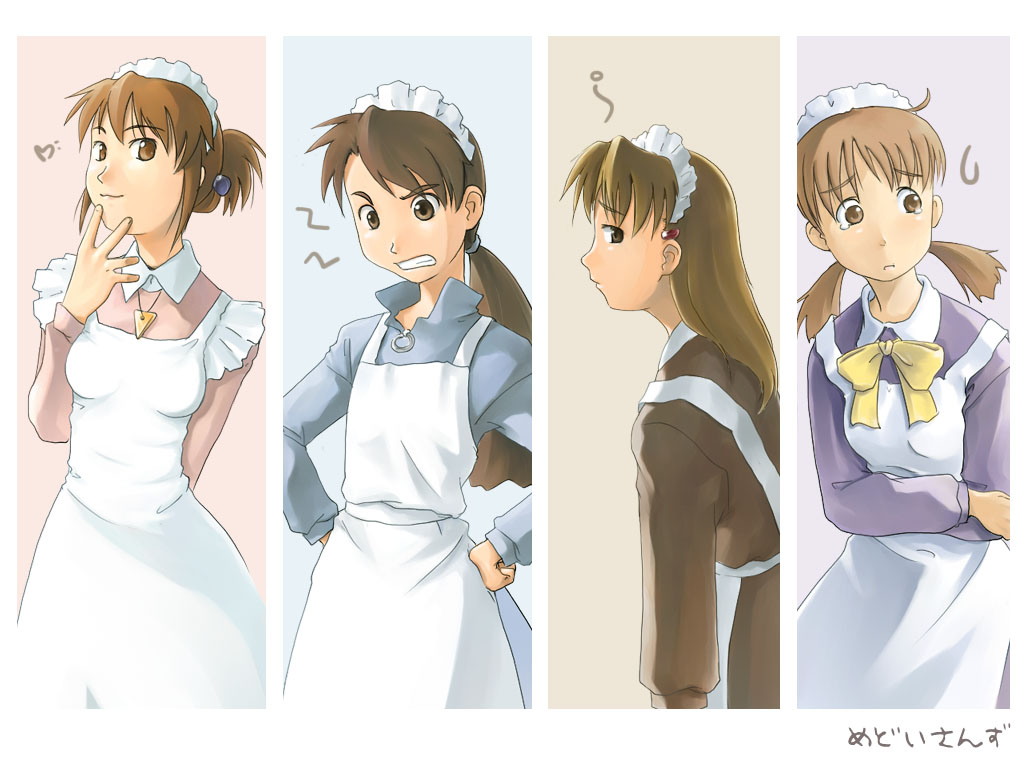 4girls angry apron bow brown_hair flat_chest futaba_channel hair_ornament hairclip heart hidoi jewelry kudoi long_hair maid maid_apron maid_headdress medoi modoi multiple_girls mutou_youshun naughty_face nijiura_maids pendant ponytail short_hair spoken_heart tears tired twintails