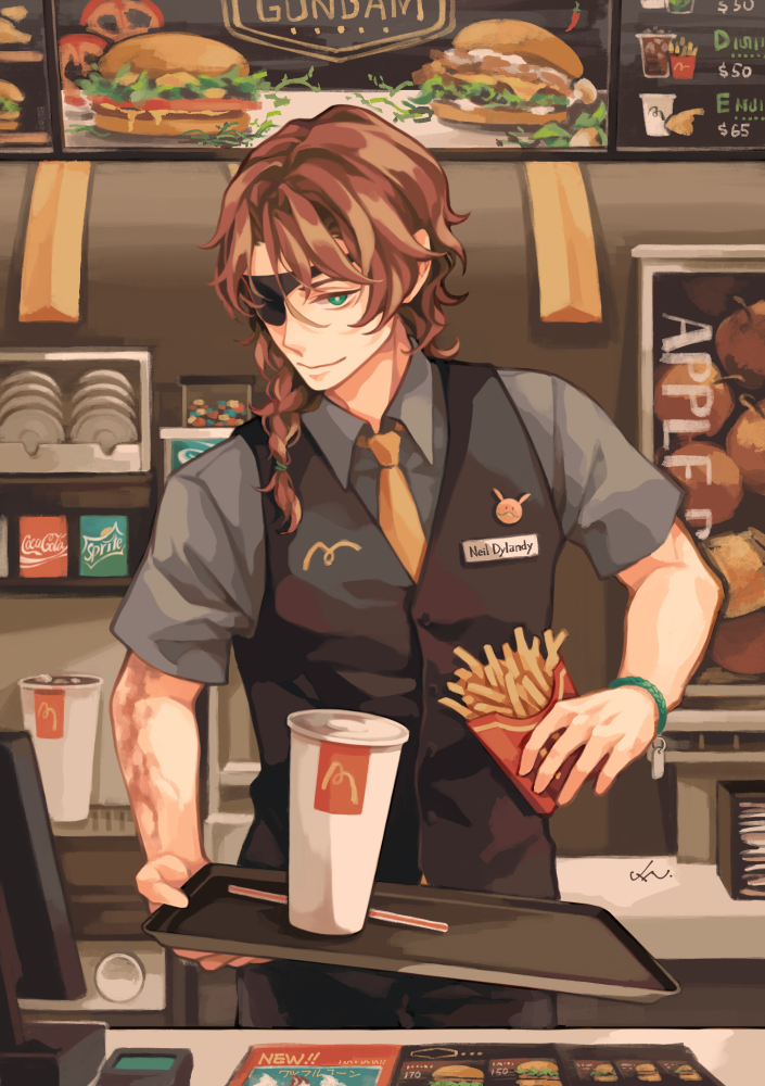 1boy alternate_costume artist_name black_pants black_vest bracelet braid brown_hair burger burn_scar character_pin closed_mouth coca-cola collared_shirt copyright_name counter cup eyepatch food french_fries green_eyes grey_shirt gundam gundam_00 haro holding holding_food holding_tray indoors jewelry lockon_stratos long_hair looking_at_viewer male_focus mcdonald&#039;s menu monitor name_tag necktie neil_dylandy orange_necktie pants product_placement scar scar_on_arm shirt short_sleeves signature single_braid soda_fountain solo sprite_(drink) tray uniform vest vuls406