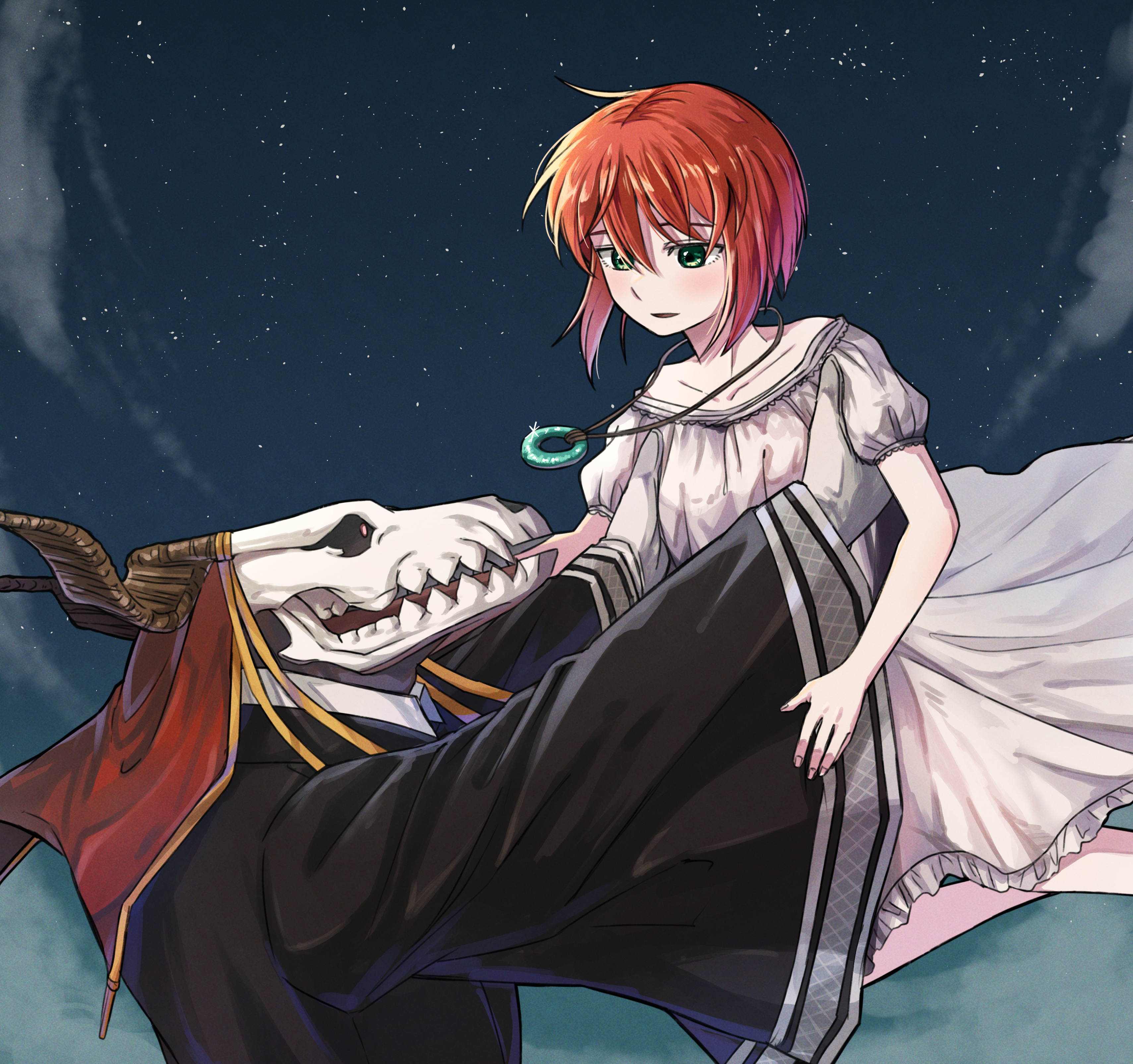 1boy 1girl absurdres animal_head animal_skull black_coat coat delfuze dress elias_ainsworth hatori_chise highres horns interspecies jewelry lifting_person long_sleeves mahou_tsukai_no_yome necklace night night_sky skull_head sky smile star_(sky) starry_sky white_dress