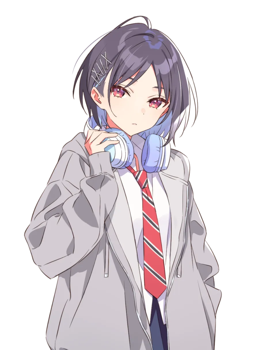 1girl ahoge black_hair blue_hair gakuen_idolmaster hair_ornament hairclip headphones highres hood hooded_jacket idolmaster jacket light_blue_hair mashiro_yu multicolored_hair necktie official_art red_eyes solo transparent_background