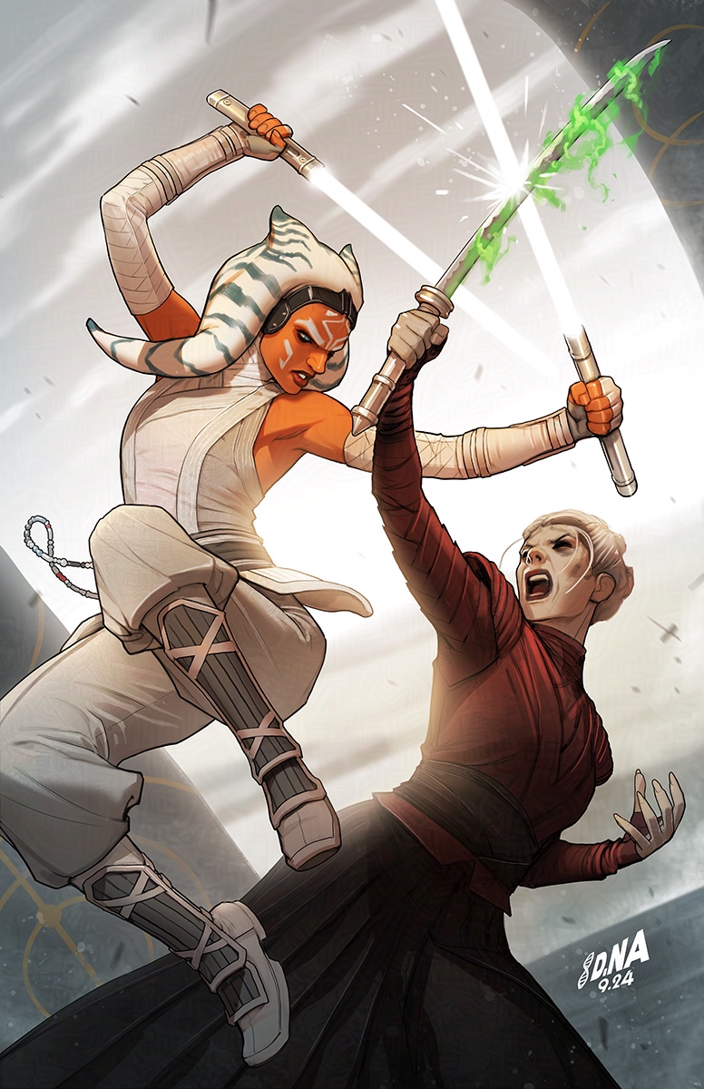 2girls ahsoka_tano alien armpits blue_eyes colored_skin comic_cover david_nakayama dual_wielding elbow_gloves energy_sword fingerless_gloves gloves highres holding holding_sword holding_weapon initial katana lightsaber morgan_elsbeth multiple_girls official_art open_mouth orange_skin pants shirt shoes sleeveless sleeveless_shirt star_wars sword teeth textless_version togruta weapon white_gloves white_hair white_lightsaber white_pants white_shirt white_shoes