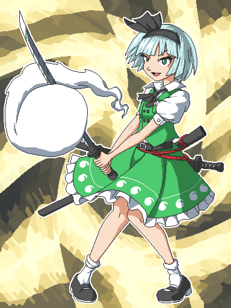 1girl aksawshin black_bow black_bowtie black_hairband black_ribbon black_shoes bob_cut bow bow_hairband bowtie collared_shirt frilled_skirt frills ghost green_eyes green_skirt green_vest hair_ribbon hairband hitodama hitodama_print katana konpaku_youmu konpaku_youmu_(ghost) mary_janes pixel_art puffy_short_sleeves puffy_sleeves ribbon scabbard sheath shirt shoes short_hair short_sleeves skirt skirt_set smile socks solo sword touhou vest wakizashi weapon white_hair white_shirt