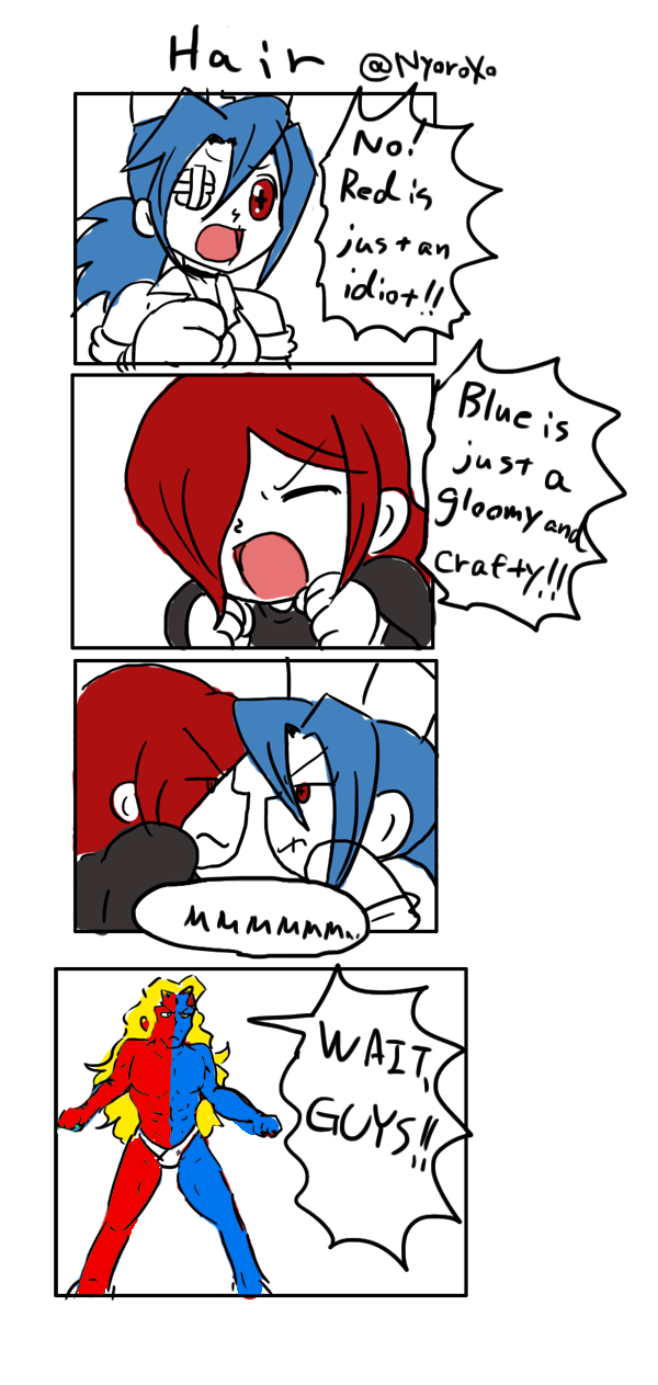 +_+ 1boy 2girls 4koma artist_name blonde_hair blue_hair blue_skin clenched_hand clenched_hands closed_eyes colored_skin comic english_text engrish_text eye_contact eyepatch face-to-face frown gill_(street_fighter) gloves hat highres looking_at_another meme multiple_girls neta nurse nurse_cap nyoro_mutou open_mouth parasoul_(skullgirls) ranguage red_eyes red_hair red_skin scar skullgirls street_fighter street_fighter_iii_(series) valentine_(skullgirls)
