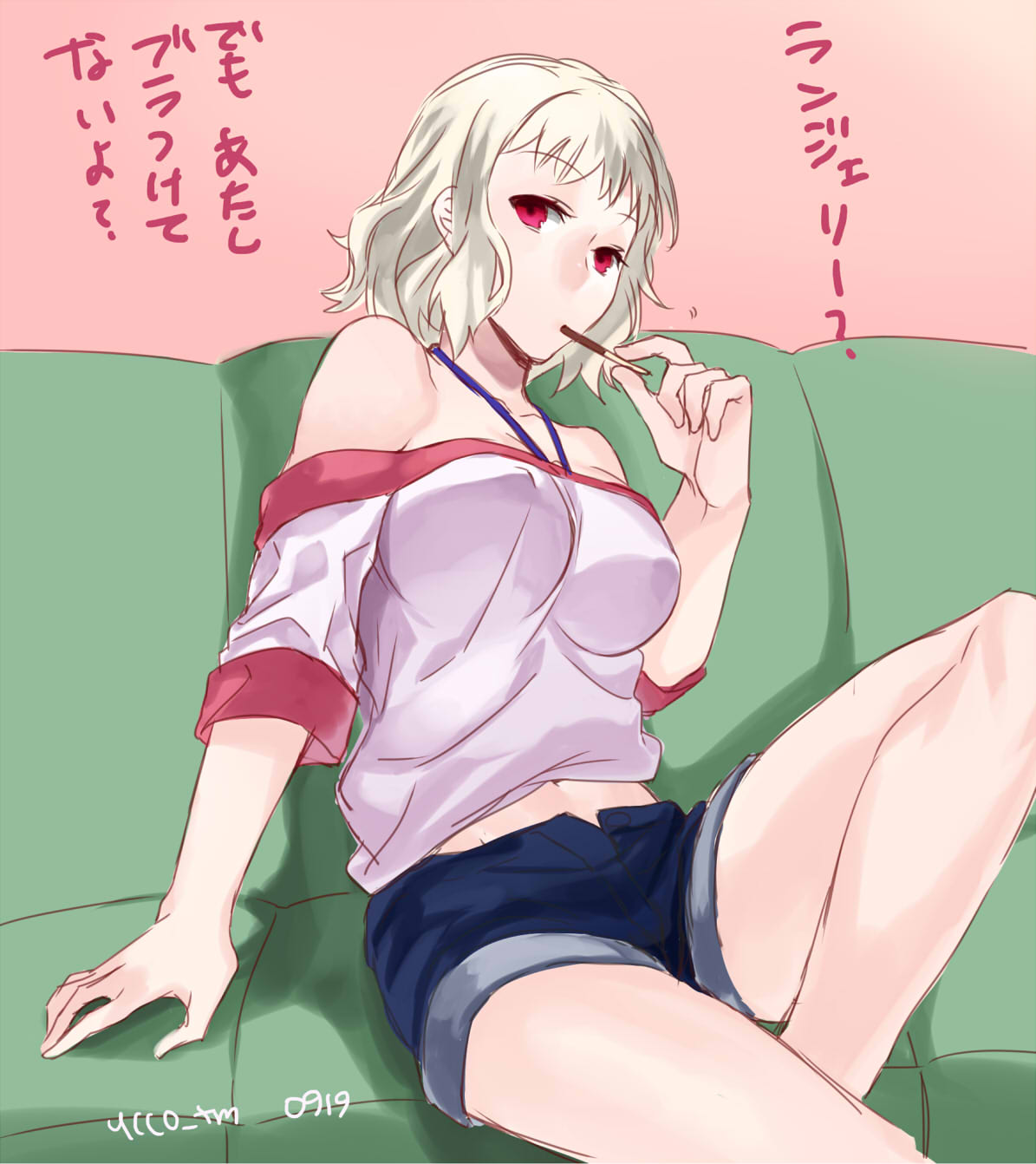 1girl arm_support artist_name blonde_hair blouse breasts denim denim_shorts fate/kaleid_liner_prisma_illya fate_(series) female_focus food highres large_breasts leysritt_(fate) looking_at_viewer midriff no_bra off_shoulder pocky red_eyes shirt shorts solo thighs translation_request white_shirt ycco_(estrella)