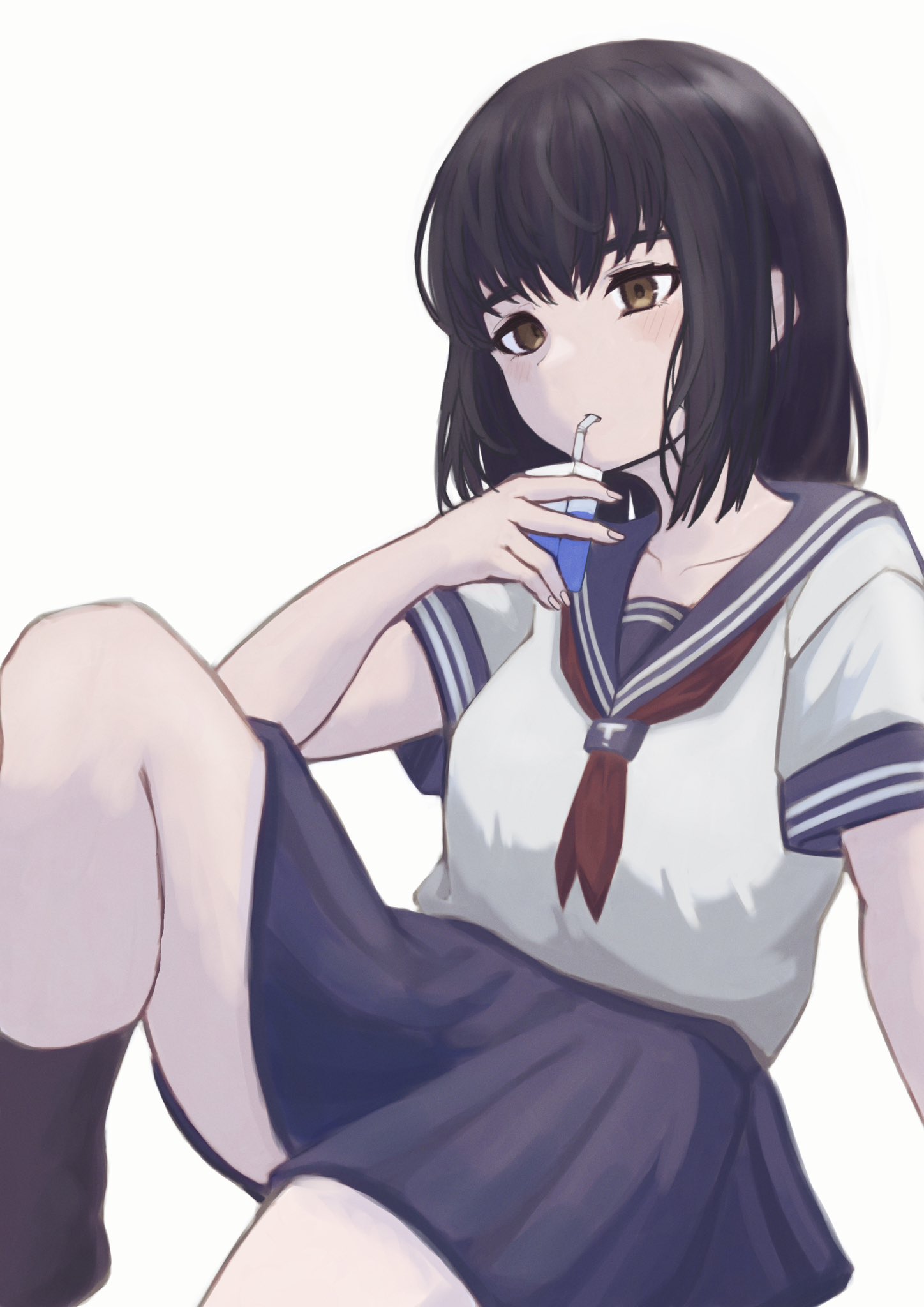 1girl alternate_costume black_hair breasts drinking eri_aki0827 goddess_of_victory:_nikke highres light_blush medium_breasts milk_(nikke) neckerchief pleated_skirt red_neckerchief sailor_collar school_uniform serafuku short_hair simple_background sitting skirt solo white_background