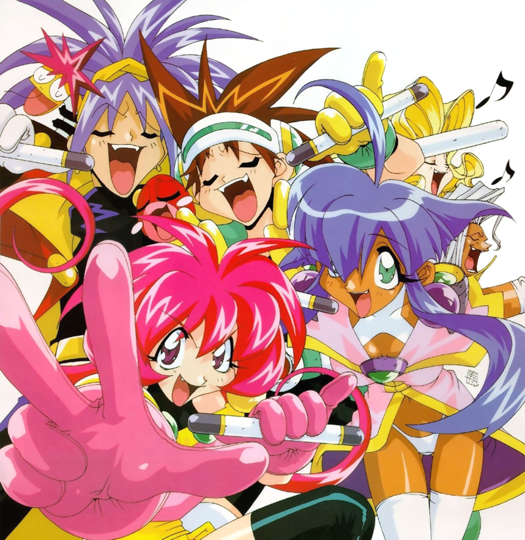 1990s_(style) 3boys 3girls baba_lemonade blonde_hair brown_hair cacao_(lamune) cacao_(vs_knight_lamune_&amp;_40_fire) closed_eyes da_cider fang gloves green_eyes heavy_meta-ko kotobuki_tsukasa long_hair multiple_boys multiple_girls music narcisst_dandy ng_knight_lamune_&amp;_40 official_art parfait_(lamune) parfait_(vs_knight_lamune_&amp;_40_fire) pheromone_lip pink_hair pq_(lamune) purple_hair red_eyes retro_artstyle simple_background singing tan thighhighs vs_knight_lamune_&amp;_40_fire