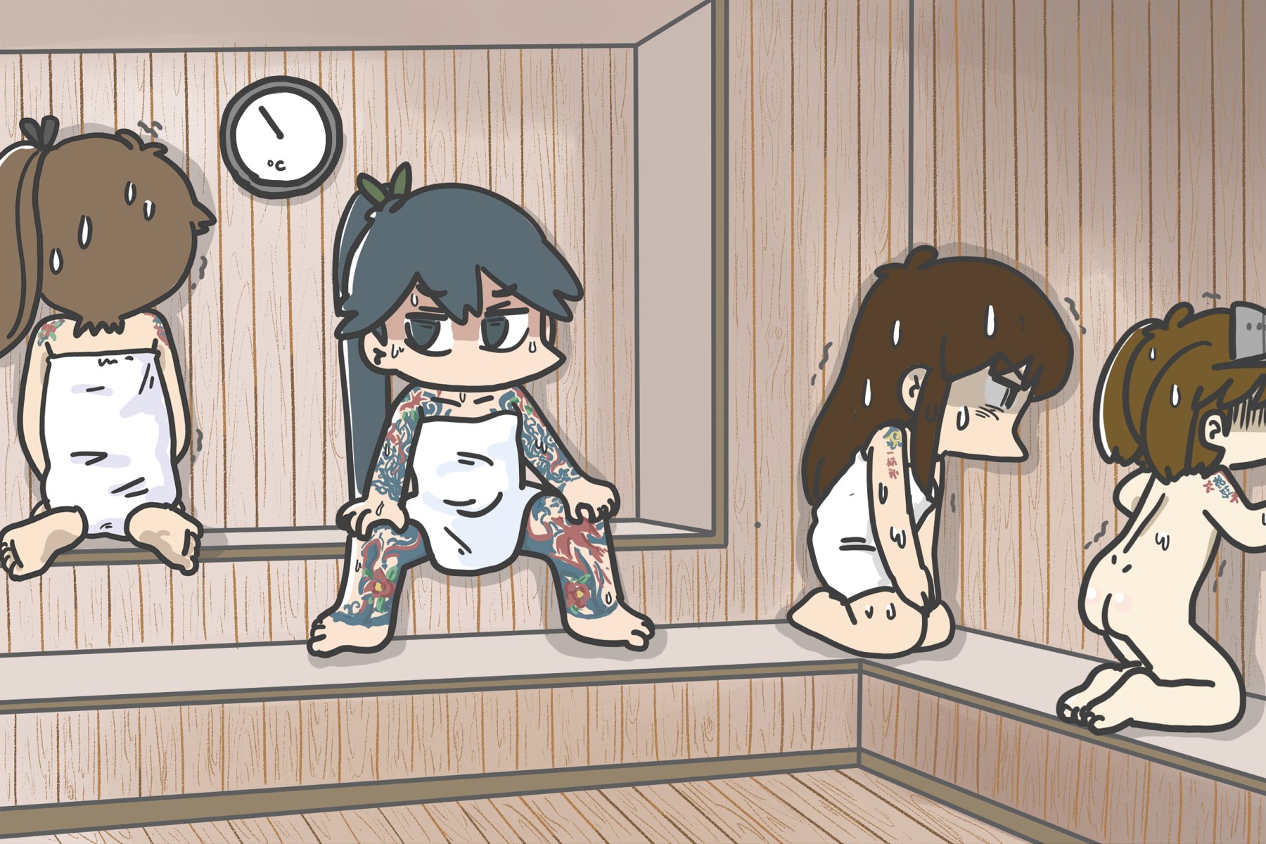 4girls akagi_(kancolle) ass black_eyes black_hair brown_eyes commentary_request ferret-san full-body_tattoo highres houshou_(kancolle) kaga_(kancolle) kantai_collection long_hair multiple_girls naked_towel no_mouth nude ponytail ryuujou_(kancolle) sauna side_ponytail sweat tattoo thermometer towel twintails very_sweaty