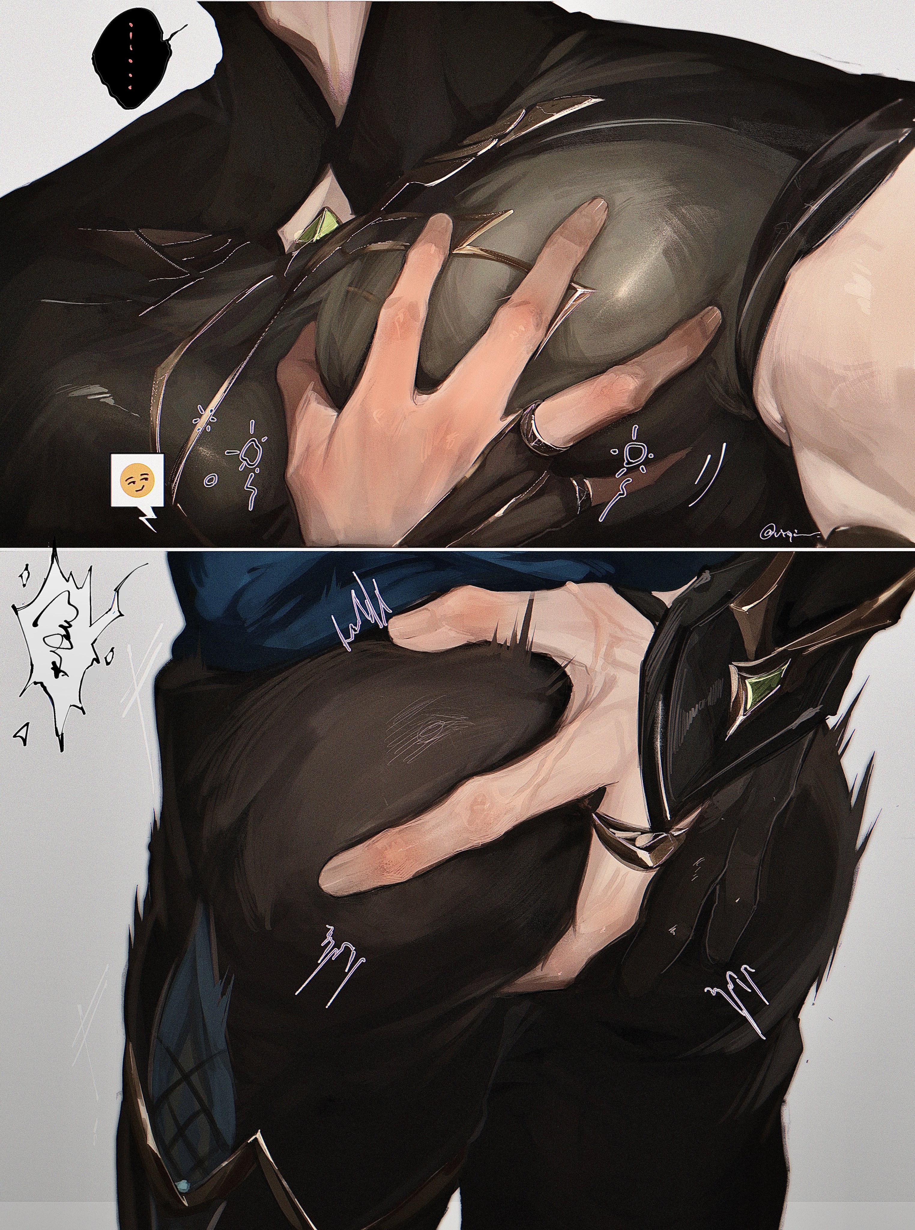 ... 2boys absurdres alhaitham_(genshin_impact) ass ass_focus black_gloves black_pants black_shirt compression_shirt emoji from_behind genshin_impact gloves grabbing_another&#039;s_ass grey_background groping head_out_of_frame high_collar highres huge_ass jewelry kaveh_(genshin_impact) large_pectorals lower_body male_focus multiple_boys muscular muscular_male pants partially_fingerless_gloves pectoral_focus pectoral_grab pectorals shirt simple_background sleeveless standing thighs upper_body veins veiny_arms veiny_hands vyqi yaoi