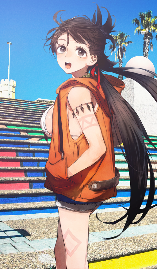 1girl arm_tattoo armlet bead_necklace beads bikini bikini_top_only blue_shorts blue_sky breasts brown_eyes brown_hair commentary day drawstring fate/grand_order fate_(series) feet_out_of_frame hair_between_eyes hair_ribbon hand_in_pocket himiko_(fate) himiko_(tour_outfit)_(fate) hood hood_down hooded_jacket jacket jewelry large_breasts leg_tattoo long_hair looking_back looking_up low_twintails necklace official_art open_clothes open_jacket open_mouth orange_hood orange_jacket outdoors palm_tree photo_background red_ribbon ribbon short_shorts shorts sideboob sky sleeveless sleeveless_jacket smile solo stairs sunlight swimsuit tattoo teeth third-party_source toi8 tree twintails very_long_hair white_bikini