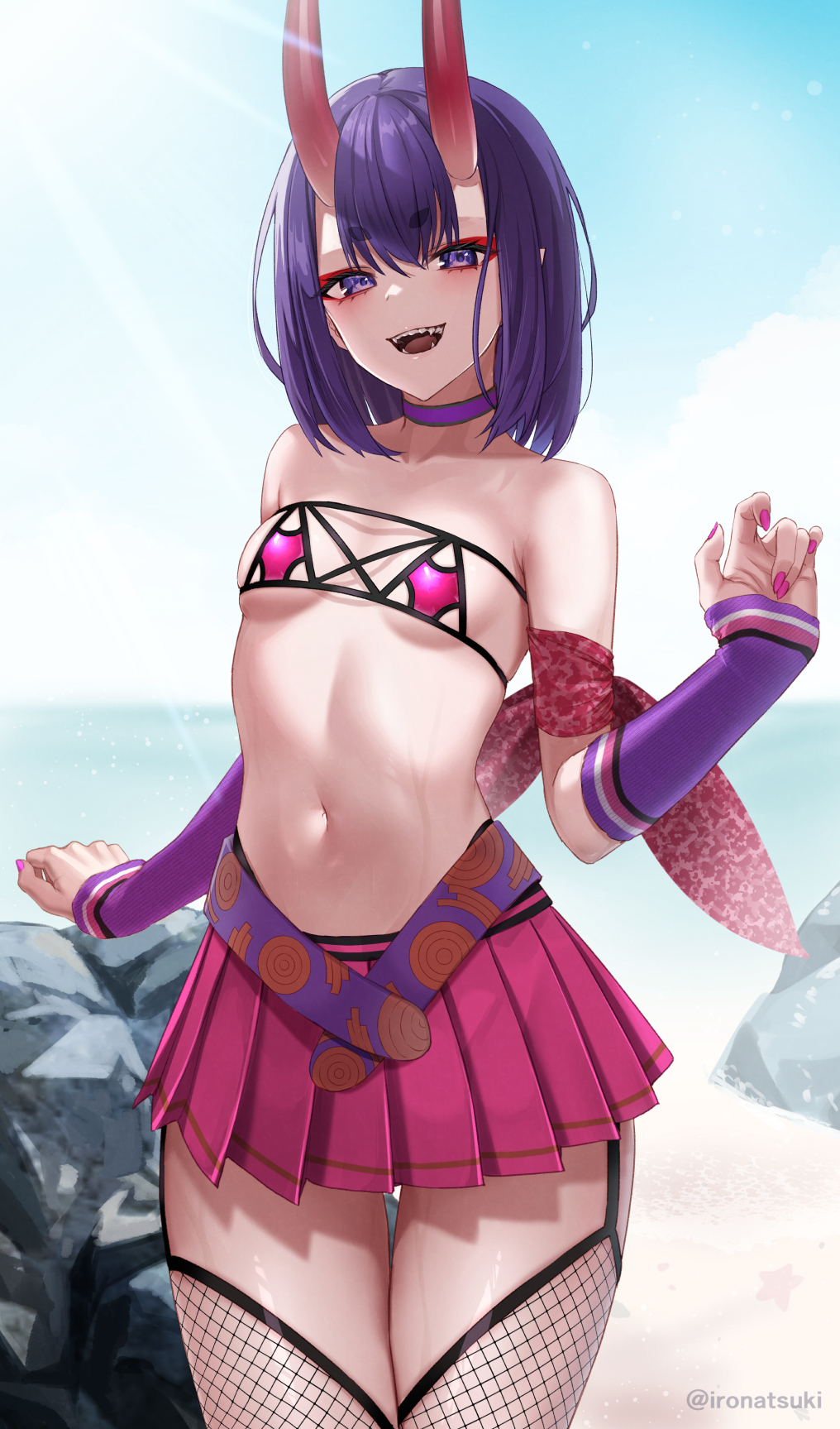 1girl bare_shoulders belt bikini blush bob_cut breasts choker collarbone cosplay detached_sleeves eyeliner fate/grand_order fate_(series) fishnet_thighhighs fishnets highres horns ibuki_douji_(fate)_(cosplay) ibuki_douji_(swimsuit_berserker)_(fate)_(cosplay) ibuki_douji_(swimsuit_berserker)_(second_ascension)_(fate) ironatsuki looking_at_viewer makeup miniskirt navel oni open_mouth pink_bikini pink_skirt pleated_skirt purple_eyes purple_hair short_hair shuten_douji_(fate) skin-covered_horns skirt small_breasts smile solo swimsuit thighhighs thighs