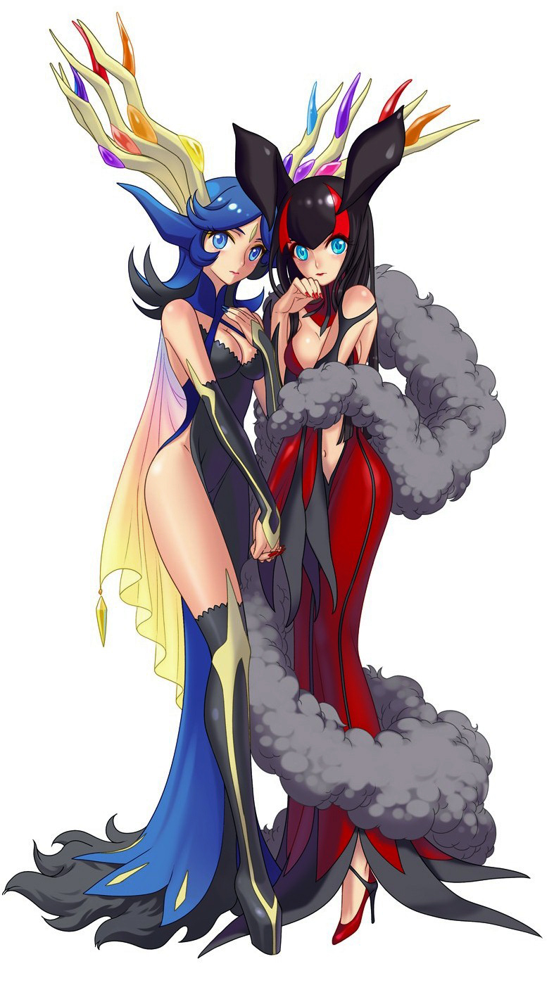 10s 2girls alternate_color antlers bad_id bad_pixiv_id bare_shoulders black_hair blue_eyes blue_hair blue_nails body_blush boots breasts cape cleavage detached_sleeves dress eclosion facial_mark feather_boa forehead_mark gen_6_pokemon gown high_heels highres hip_focus holding_hands horns knees large_breasts legendary_pokemon legs long_dress long_hair multicolored_hair multiple_girls nail_polish nintendo personification pokemon pokemon_xy red_hair red_nails side_slit simple_background thigh_boots thighhighs two-tone_hair white_background wide_hips xerneas yveltal