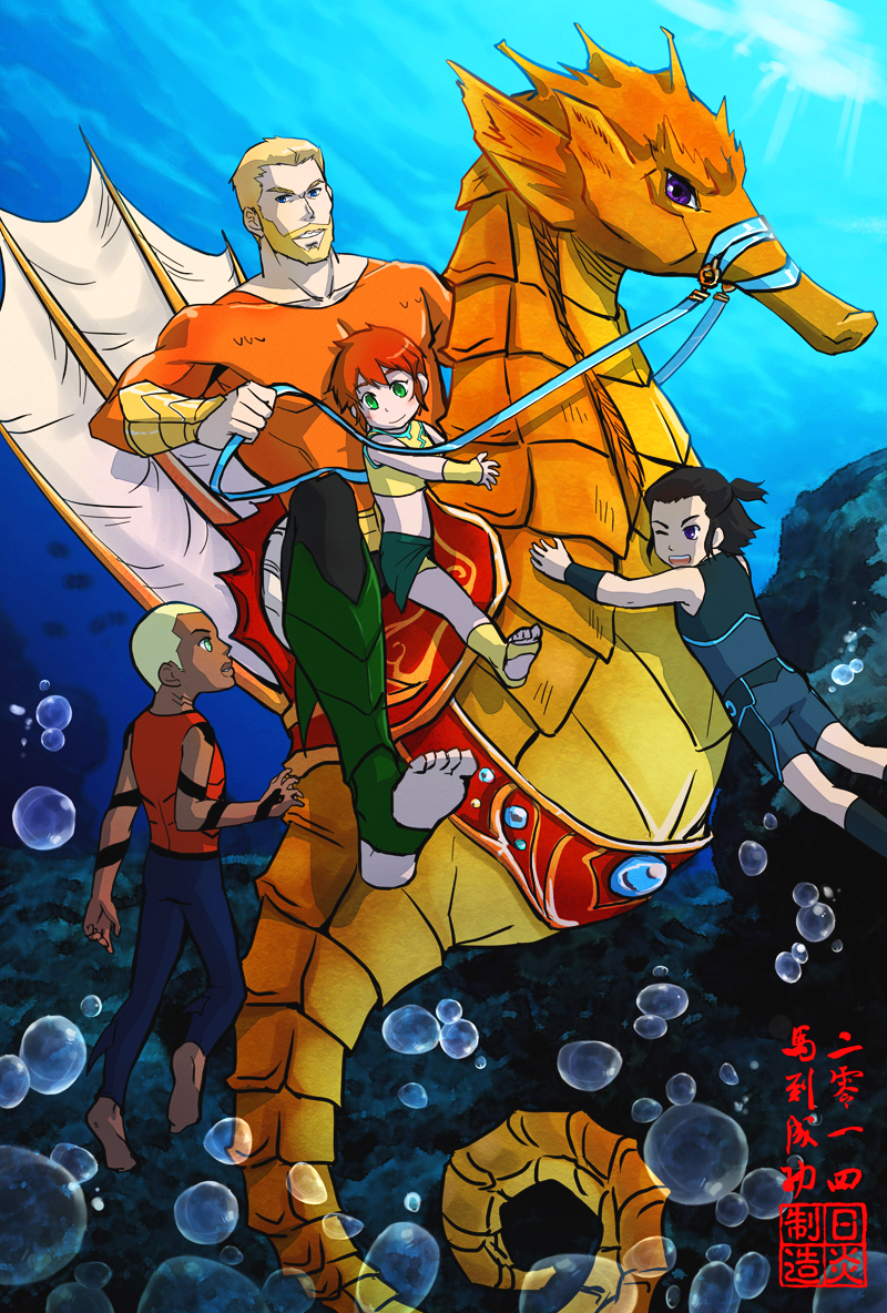 1girl 3boys aqua_lad aqua_man aquagirl aquaman_(series) barefoot black_eyes black_hair blonde_hair blue_eyes brown_eyes bubble dark_skin dc_comics fish garth green_eyes kaldur&#039;ahm multiple_boys new_year ocean red_hair riyan seahorse sleeveless swimming tattoo tempest tula underwater water